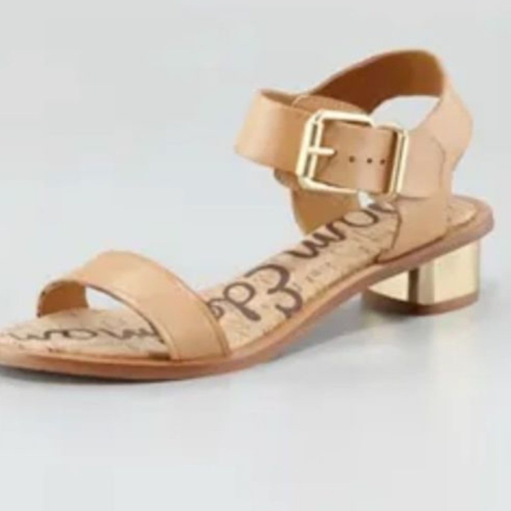 Sam Edelman Trina Saddle Tan Leather Metallic Gold Block Heel Sandals Size 9
